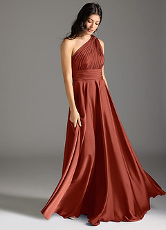 Azazie Charlize Robes de demoiselle d'honneur Robe Trapèze en Satin extensible Ue épaule Terracotta image11