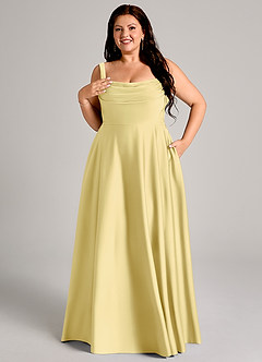 Azazie Shaude Bridesmaid Dresses Lemon Sorbet A-Line Pleated Stretch Satin Dress image11