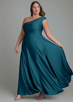 Azazie Melanie Bridesmaid Dresses Ink Blue A-Line Off the Shoulder Stretch Satin Dress image10