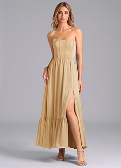 Azazie Leilana Robes de demoiselle d'honneur Robe Trapèze en Satin extensible Corset Or image3