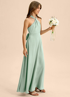 Azazie Beah Junior Agave A-Line Pleated Stretch Satin Dress image6