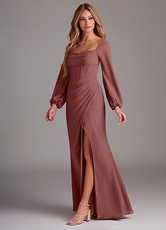 Azazie Charissa Robes de demoiselle d'honneur Robe Fourreau en Mousseline de soie Manche longue Rose Du Désert image4