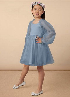 Azazie Aya Flower Girl Dresses Dusty Blue A-Line with Sleeves Tulle Dress image2