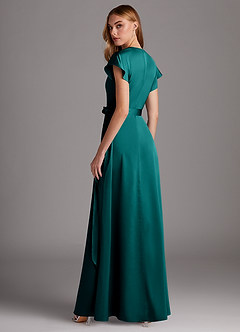 Azazie Nico Bridesmaid Dresses Peacock A-Line V-Neck Stretch Satin Dress image5