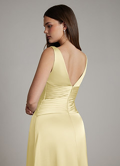 Azazie Pauline Bridesmaid Dresses Lemon Sorbet A-Line Pleated Stretch Satin Dress image4