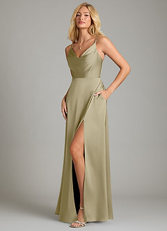 Azazie Sarella Bridesmaid Dresses Moss Green A-Line Pleated Stretch Satin Dress image5