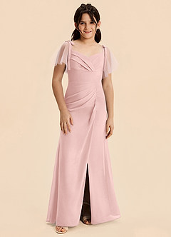 Azazie Indy Junior Powder Pink Sheath Ruched Chiffon Dress image3