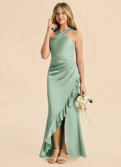 Azazie Thea Junior Agave Sheath Ruched Stretch Satin Dress image5