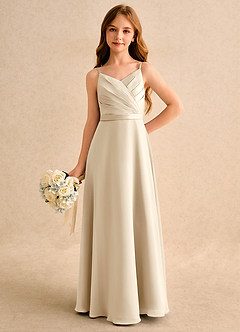 Azazie Umina Junior Formal Abiti da Ragazza di Fiori Abito A-Line in Raso Opaco Plissettato Champagne image5