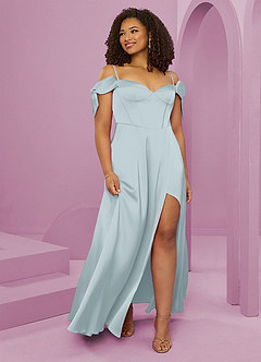 Barbie ♥ Azazie Bridesmaid Dresses Mist A-Line Off the Shoulder Stretch Satin Dress image3