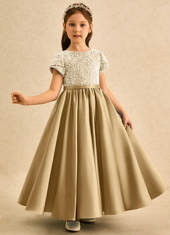 Azazie Cashew Blumenmädchenkleider Ballkleid mit ärmel Matte Satin Kleid Gold image4