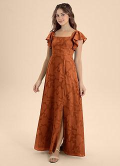 Azazie Bondi Junior Burnt Orange A-Line Bow Floral Burnout Dress image1