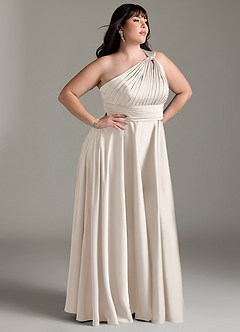 Azazie Charlize Bridesmaid Dresses White Alabaster A-Line One Shoulder Stretch Satin Dress image4