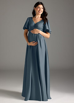 Azazie Verna Maternity Bridesmaid Dresses A-Line Ruched Stretch Satin Floor-Length Dress image3
