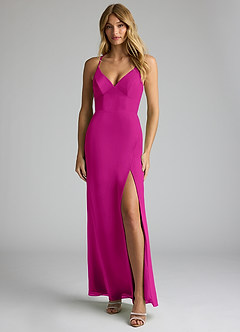 Azazie Becca Bridesmaid Dresses Fuchsia Sheath V-Neck Chiffon Dress image1