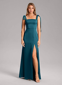 Azazie Frostine Bridesmaid Dresses Ink Blue A-Line Bow Stretch Satin Dress image5