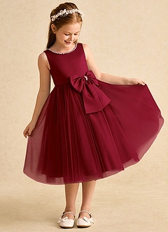 Azazie Twinsie Flower Girl Dresses Burgundy A-Line Bow Tulle Dress image5