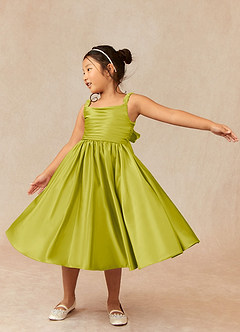 Azazie Cutie Pie Flower Girl Dresses Lemongrass A-Line Pleated Matte Satin Dress image3