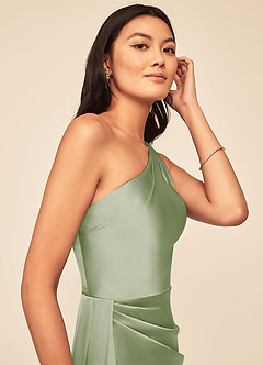 Azazie Maron Bridesmaid Dresses Dusty Sage A-Line One Shoulder Stretch Satin Dress image6