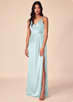 Azazie Aqua Bridesmaid Dresses Sea Glass A-Line V-Neck Pleated Stretch Satin Dress image1