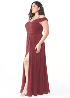 Azazie Audrianna At-home Try On Dresses Burgundy A-Line Off-The-Shoulder Gathered Chiffon Convertible Dress image8