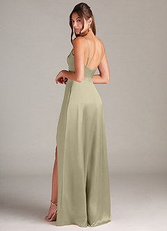 Azazie Sarella Bridesmaid Dresses Moss Green A-Line with Pockets Metallic Satin Dress image4