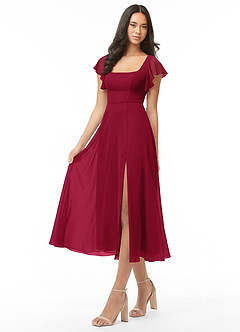 Azazie Bondi Bridesmaid Dresses Burgundy A-Line Ruched Chiffon Dress image3