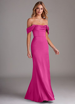 Azazie Saige Bridesmaid Dresses Fuchsia Sheath Off the Shoulder Stretch Satin Dress image6