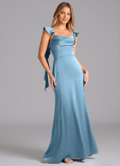 Azazie Adi At-home Try On Dresses Burgundy A-Line Pleated Stretch Satin Dress image5