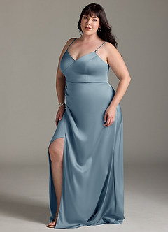 Azazie Marchella Bridesmaid Dresses Dusty Blue A-Line Corset Stretch Satin Dress image10