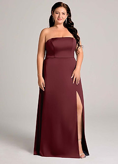 Azazie Wren Vestidos de damas de honor Vestido de Cabernet de Satén Elástico de Corte en A Convertible con Sin tirantes image11