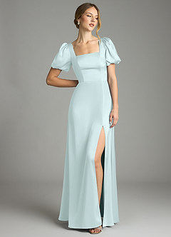 Azazie Fyona Bridesmaid Dresses Sea Glass A-Line Pleated Stretch Satin Dress image3