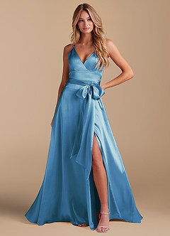 Azazie Sophia Final Sale Steel Blue A-Line with Pockets Metallic Satin Dress image4