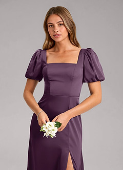 Azazie Fyona Bridesmaid Dresses Plum A-Line Pleated Stretch Satin Dress image12
