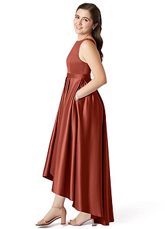 Azazie Inaya Junior Robe Trapèze en Satin extensible avec ceinture Terracotta image3