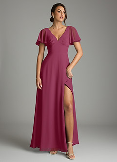 Azazie Kimber Bridesmaid Dresses Mulberry A-Line Flounce Sleeve Chiffon Dress image2