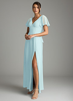 Azazie Kimber Bridesmaid Dresses Sea Glass A-Line Flounce Sleeve Chiffon Dress image5