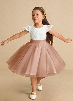 Azazie Vetty Flower Girl Dresses Ivory Champagne Rose A-Line Lace Tulle Dress image5