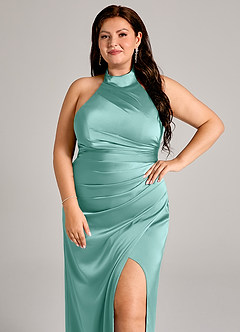 Azazie Jemma Vestidos de damas de honor Vestido de Aqua de Satén Elástico de Corte Recto con Plisado image8