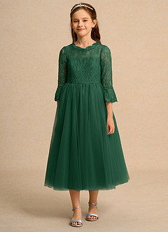 Azazie Lamb Girl Jurken voor bloemenmeisjes Baljurk Jurk van Kant Donkergroen image4