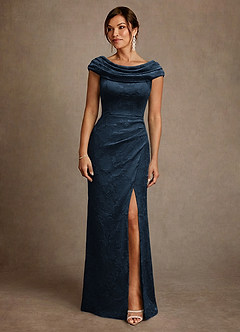 Azazie Irvine vestidos de madre de la novia Vestido Azul Marino Oscuro de Devorado Floral de Corte en A con Plisado image3