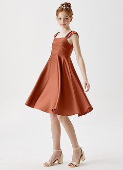 Azazie Amira Junior Cedar Rose A-Line Pleated Stretch Satin Dress image4