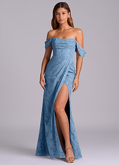 Azazie Johana Brautjungfernkleider Wandelbar Meerjungfrau-Linie Schulterfrei Blumen-Burnout Kleid Stahlblau image4