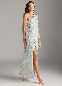 Azazie Maive Bridesmaid Dresses Blue And White Ditsy Floral Sheath Pleated Ruffle Chiffon Dress image3