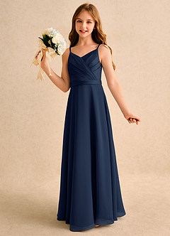 Azazie Umina Girls Formal Flower Girl Dresses Dark Navy A-Line Pleated Matte Satin Dress image3