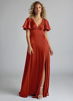 Azazie Kimber Bridesmaid Dresses Rust A-Line Ruched Stretch Satin Dress image3