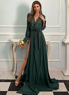 azazie-Missord Surplice Neck Belted Split Thigh Gold Feather Print Dress