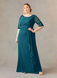 Azazie Dionysus Mother of the Bride Dresses Ink Blue A-Line Boatneck Lace Chiffon Dress image6