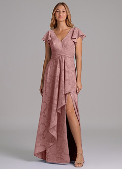 Azazie Omari 신부 들러리 드레스 A라인 주름진 플로럴 번아웃 바닥 길이 드레스 image4