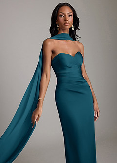 Azazie Sonora Vestidos de damas de honor Vestido de Azul Tinta de Satén Elástico de Corte Recto con Sin tirantes image4